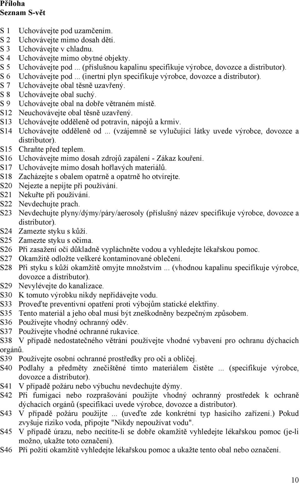 S 8 Uchovávejte obal suchý. S 9 Uchovávejte obal na dobře větraném místě. S12 Neuchovávejte obal těsně uzavřený. S13 Uchovávejte odděleně od potravin, nápojů a krmiv. S14 Uchovávejte odděleně od.