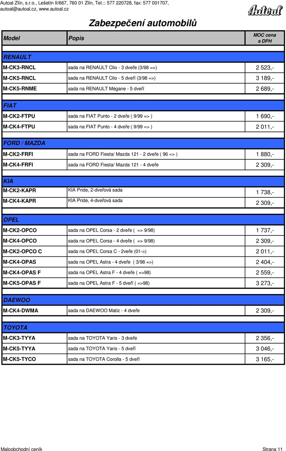 M-CK4-FRFI sada na FORD Fiesta/ Mazda 121-4 dveře 2 309,- KIA M-CK2-KAPR M-CK4-KAPR KIA Pride, 2-dveřová sada KIA Pride, 4-dveřová sada 1 738,- 2 309,- OPEL M-CK2-OPCO sada na OPEL Corsa - 2 dveře (