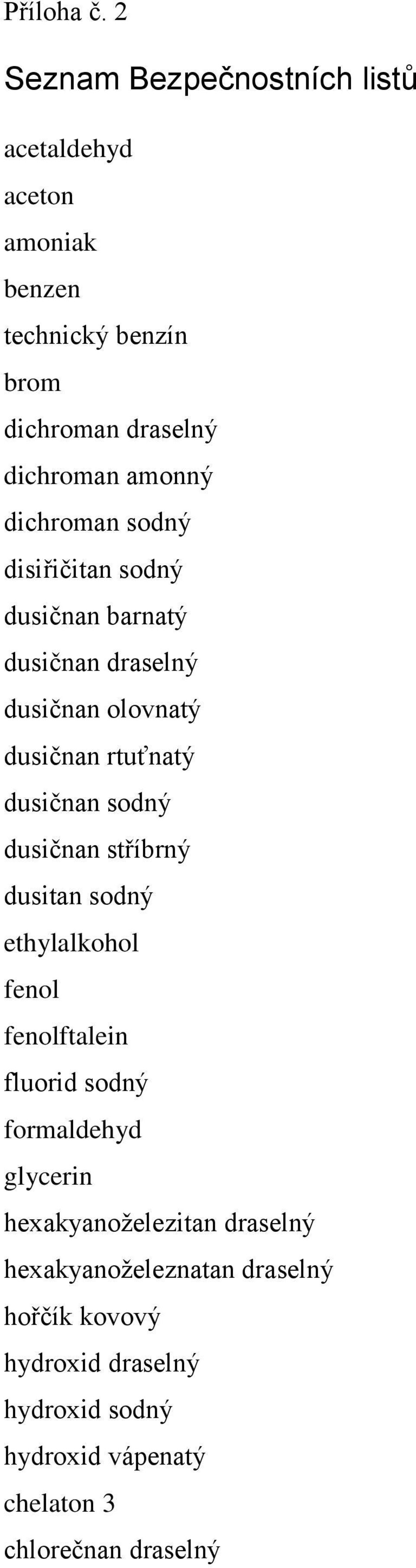 dichroman sodný disiřičitan sodný dusičnan barnatý dusičnan draselný dusičnan olovnatý dusičnan rtuťnatý dusičnan sodný