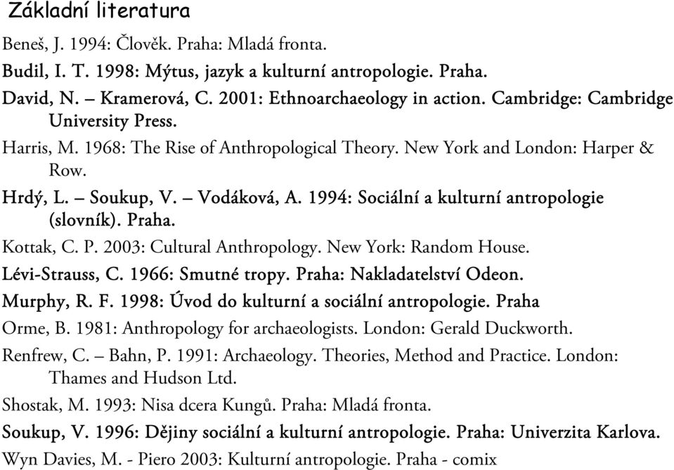 1994: Sociální a kulturní antropologie (slovník). Praha. Kottak, C. P. 2003: Cultural Anthropology. New York: Random House. Lévi-Strauss, C. 1966: Smutné tropy. Praha: Nakladatelství Odeon. Murphy, R.