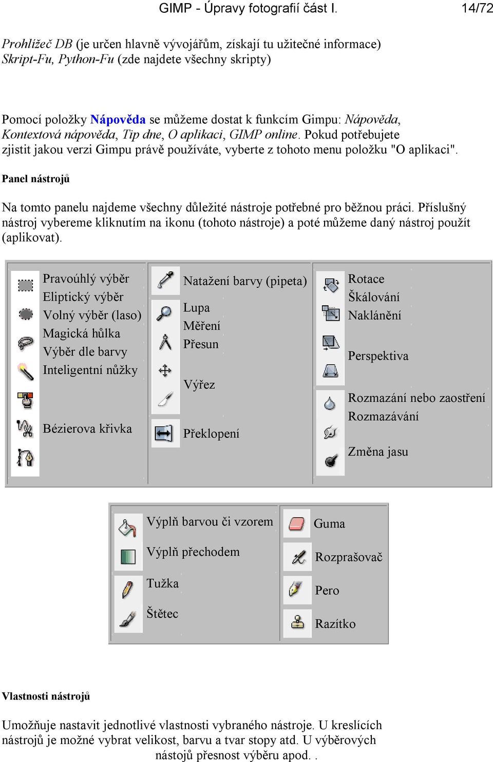 Kontextová nápověda, Tip dne, O aplikaci, GIMP online. Pokud potřebujete zjistit jakou verzi Gimpu právě používáte, vyberte z tohoto menu položku "O aplikaci".