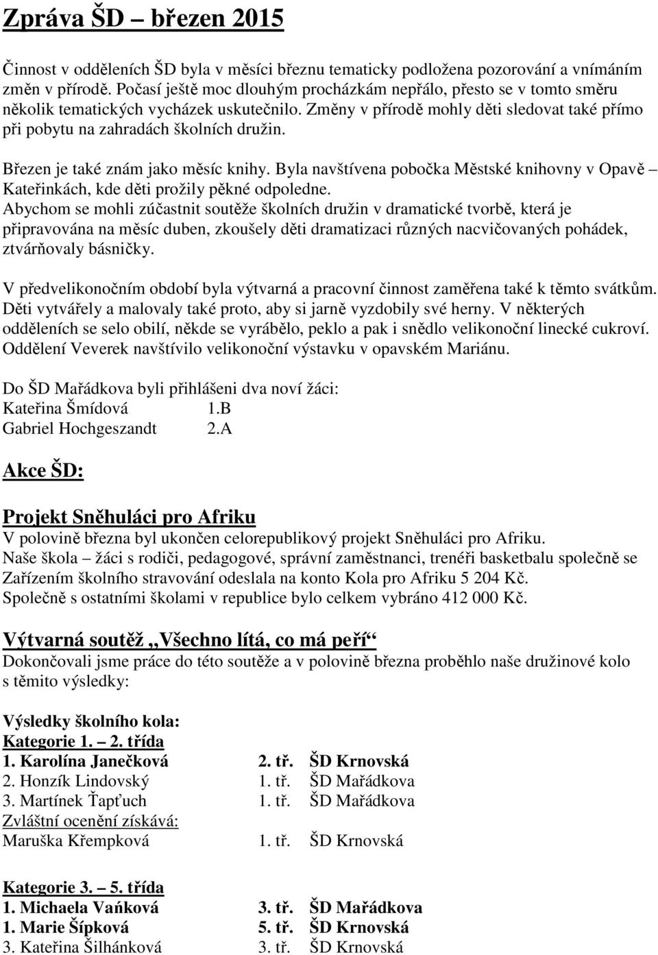 Březen je také znám jako měsíc knihy. Byla navštívena pobočka Městské knihovny v Opavě Kateřinkách, kde děti prožily pěkné odpoledne.