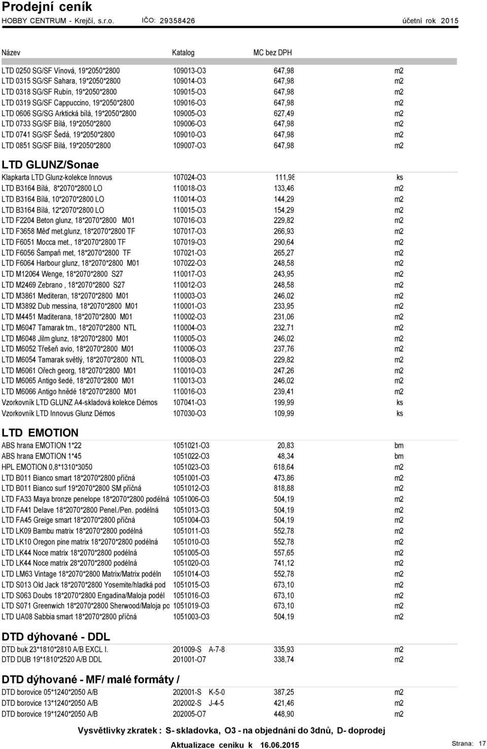 647,98 m2 LTD 0851 SG/SF Bílá, 19*2050*2800 109007-O3 647,98 m2 LTD GLUNZ/Sonae Klapkarta LTD Glunz-kolekce Innovus 107024-O3 111,98 ks LTD B3164 Bílá, 8*2070*2800 LO 110018-O3 133,46 m2 LTD B3164