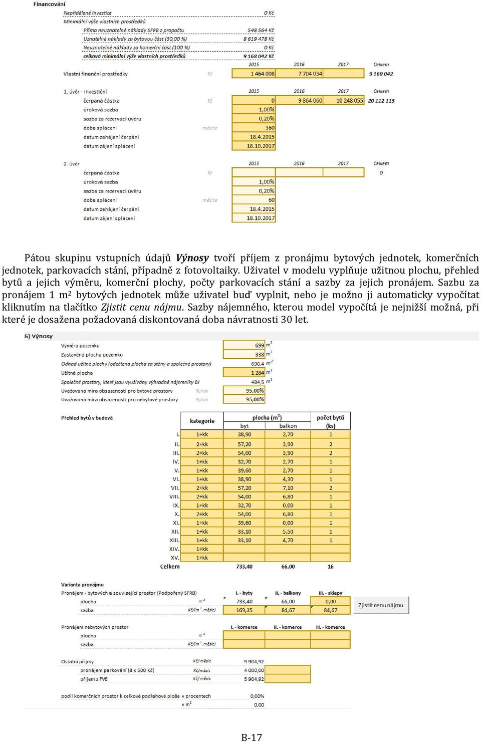 Uživatel v modelu vyplňuje užitnou plochu, přehled bytů a jejich výměru, komerční plochy, počty parkovacích stání a sazby za jejich pronájem.