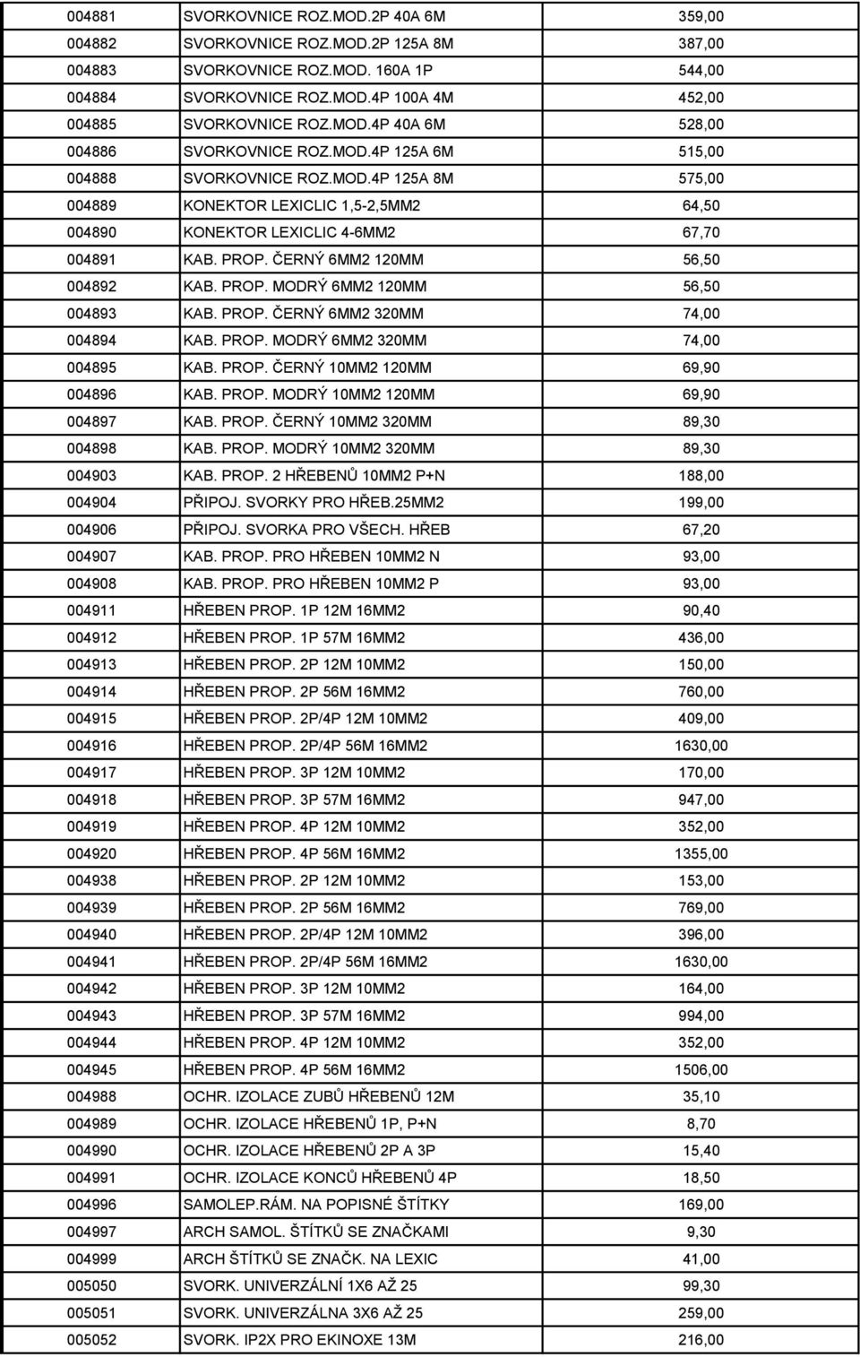 PROP. ČERNÝ 6MM2 120MM 56,50 004892 KAB. PROP. MODRÝ 6MM2 120MM 56,50 004893 KAB. PROP. ČERNÝ 6MM2 320MM 74,00 004894 KAB. PROP. MODRÝ 6MM2 320MM 74,00 004895 KAB. PROP. ČERNÝ 10MM2 120MM 69,90 004896 KAB.