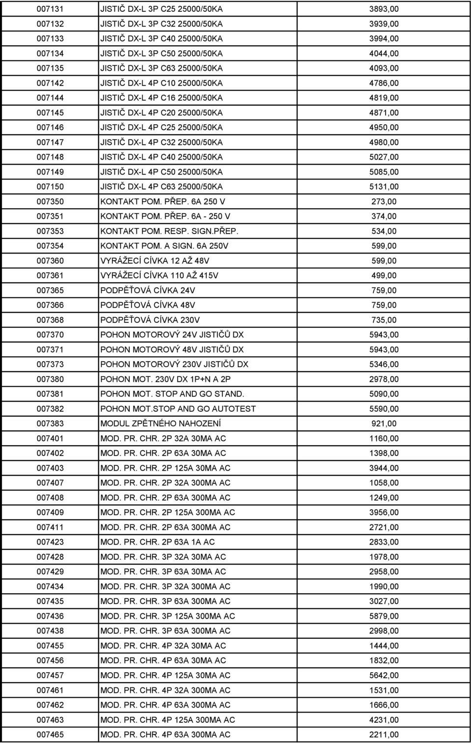 4950,00 007147 JISTIČ DX-L 4P C32 25000/50KA 4980,00 007148 JISTIČ DX-L 4P C40 25000/50KA 5027,00 007149 JISTIČ DX-L 4P C50 25000/50KA 5085,00 007150 JISTIČ DX-L 4P C63 25000/50KA 5131,00 007350