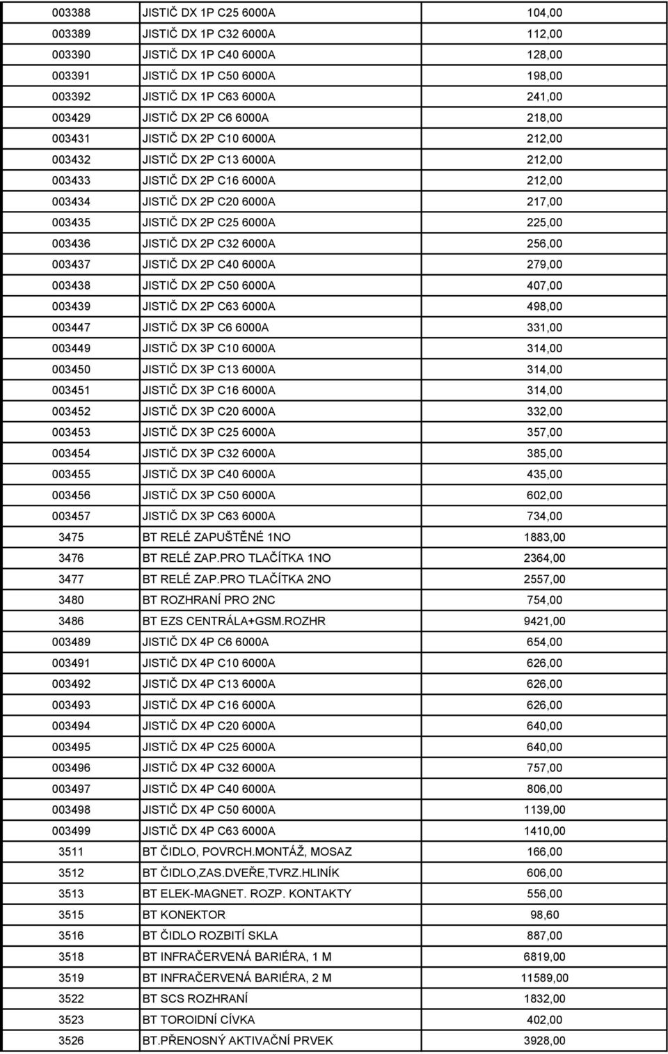 225,00 003436 JISTIČ DX 2P C32 6000A 256,00 003437 JISTIČ DX 2P C40 6000A 279,00 003438 JISTIČ DX 2P C50 6000A 407,00 003439 JISTIČ DX 2P C63 6000A 498,00 003447 JISTIČ DX 3P C6 6000A 331,00 003449