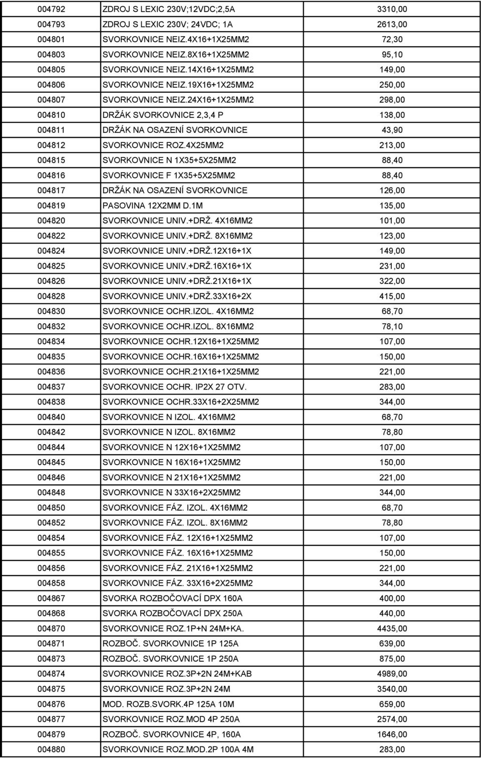 24X16+1X25MM2 298,00 004810 DRŽÁK SVORKOVNICE 2,3,4 P 138,00 004811 DRŽÁK NA OSAZENÍ SVORKOVNICE 43,90 004812 SVORKOVNICE ROZ.