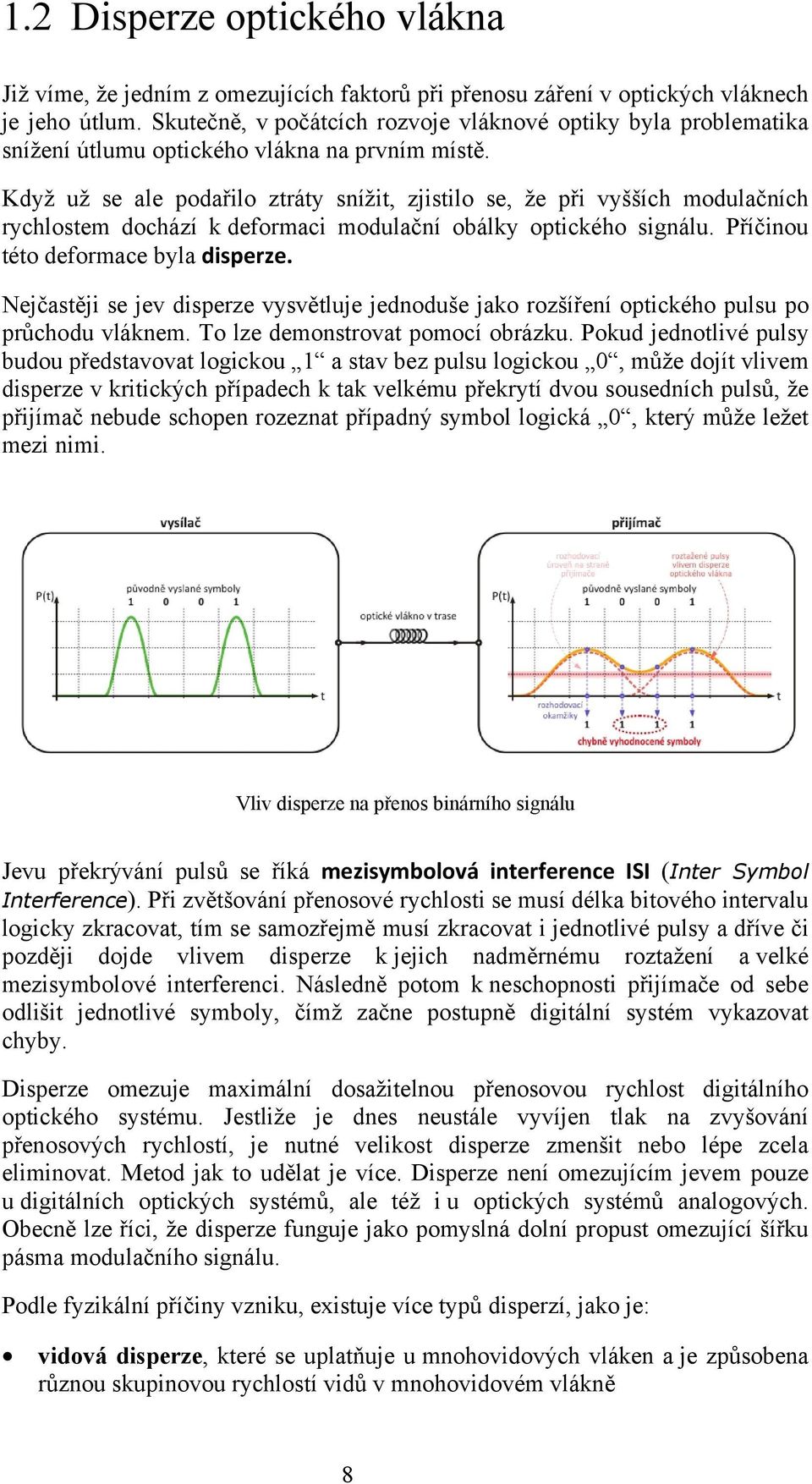 Když už se ale podařilo ztráty snížit, zjistilo se, že při vyšších modulačních rychlostem dochází k deformaci modulační obálky optického signálu. Příčinou této deformace byla disperze.