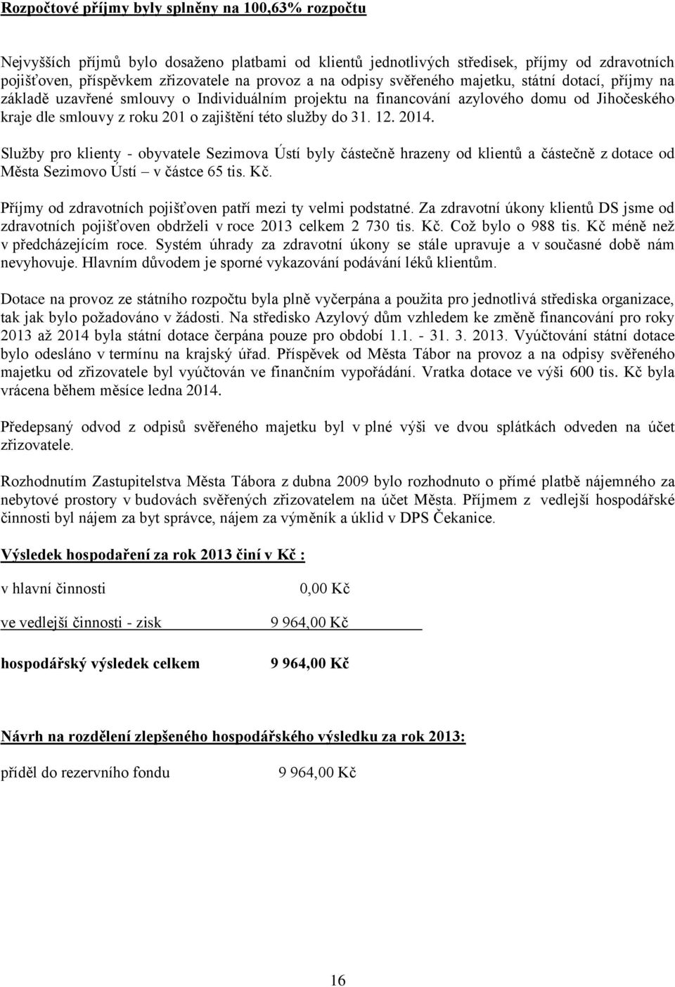 do 31. 12. 2014. Služby pro klienty - obyvatele Sezimova Ústí byly částečně hrazeny od klientů a částečně z dotace od Města Sezimovo Ústí v částce 65 tis. Kč.