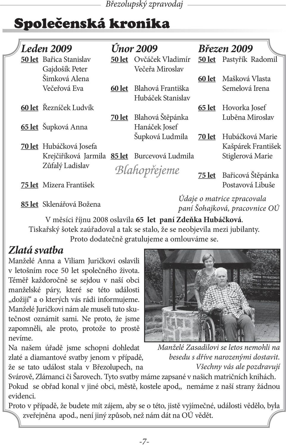 Ludmila Blahopřejeme Březen 2009 50 let Pastyřík Radomil 60 let Mašková Vlasta Semelová Irena 65 let Hovorka Josef Luběna Miroslav 70 let Hubáčková Marie Kašpárek František Stiglerová Marie 75 let