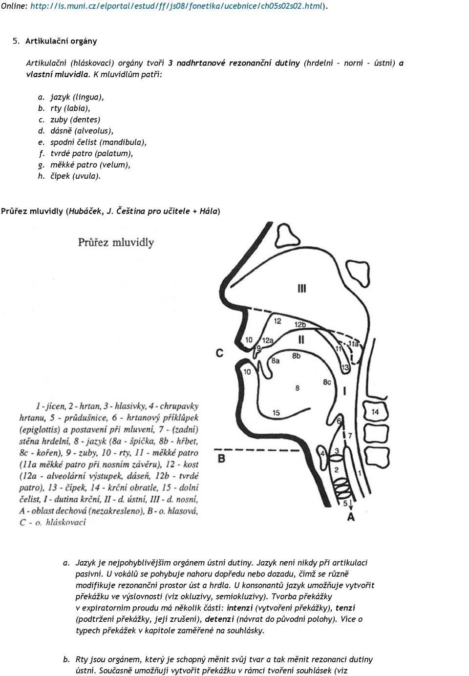 zuby (dentes) d. dásně (alveolus), e. spodní čelist (mandibula), f. tvrdé patro (palatum), g. měkké patro (velum), h. čípek (uvula). Průřez mluvidly (Hubáček, J. Čeština pro učitele + Hála) a.