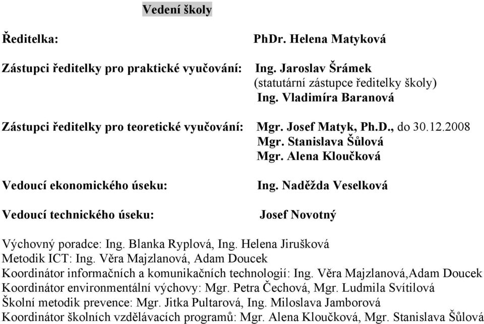 Alena Kloučková Vedoucí ekonomického úseku: Vedoucí technického úseku: Ing. Naděžda Veselková Josef Novotný Výchovný poradce: Ing. Blanka Ryplová, Ing. Helena Jirušková Metodik ICT: Ing.