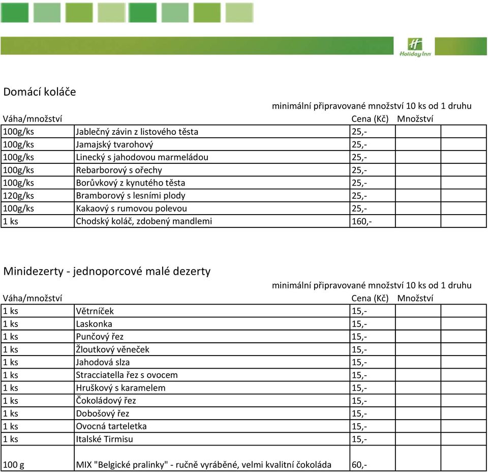 malé dezerty 1 ks Větrníček 15, 1 ks Laskonka 15, 1 ks Punčový č řez 15, 1 ks Žloutkový věneček 15, 1 ks Jahodová slza 15, 1 ks Stracciatella řez s ovocem 15, 1 ks Hruškový s