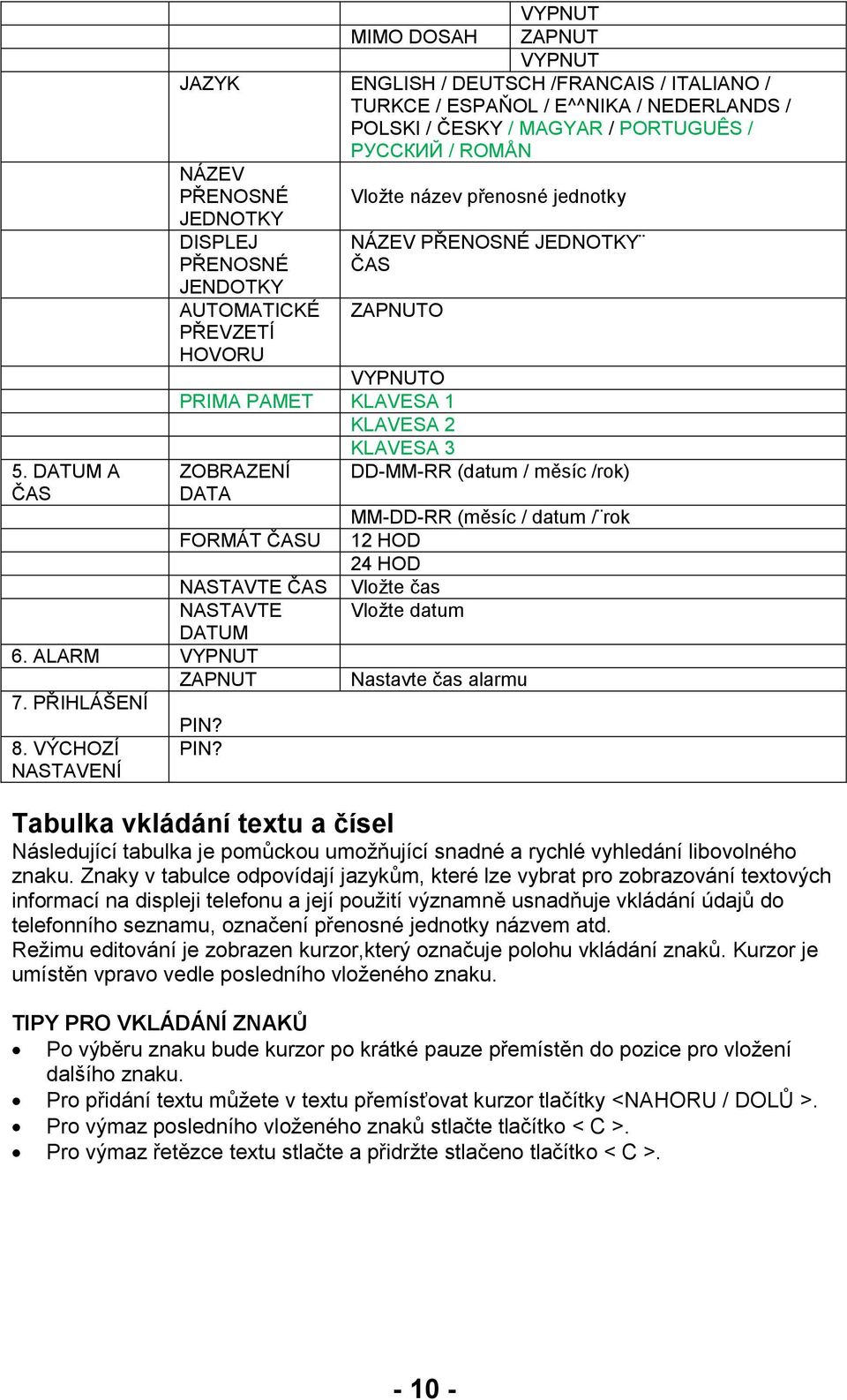 DATA FORMÁT ČASU NASTAVTE ČAS NASTAVTE DATUM 6. ALARM VYPNUT ZAPNUT 7. PŘIHLÁŠENÍ PIN? 8. VÝCHOZÍ PIN?