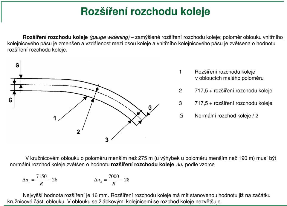 1 Rozšíření rozchodu koleje v obloucích malého poloměru 2 717,5 + rozšíření rozchodu koleje 3 717,5 + rozšíření rozchodu koleje G Normální rozchod koleje / 2 V kružnicovém oblouku o poloměru menším