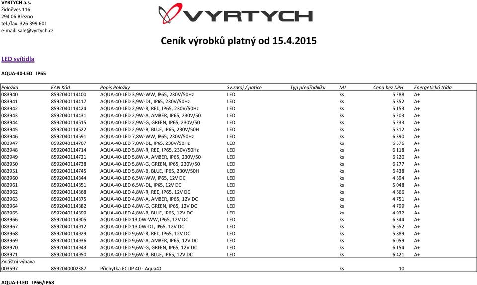 2015 LED svítidla AQUA-40-LED IP65 083940 8592040114400 AQUA-40-LED 3,9W-WW, IP65, 230V/50Hz LED ks 5288 A+ 083941 8592040114417 AQUA-40-LED 3,9W-DL, IP65, 230V/50Hz LED ks 5352 A+ 083942