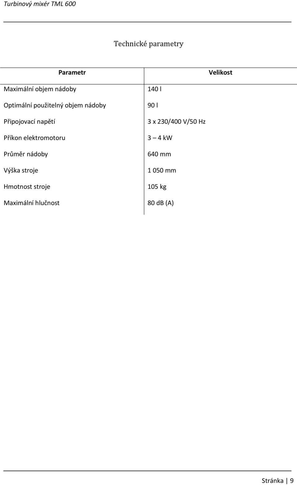 elektromotoru Průměr nádoby Výška stroje Hmotnost stroje Maximální hlučnost