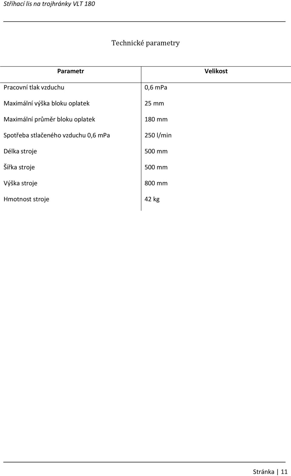 oplatek Spotřeba stlačeného vzduchu 0,6 mpa Délka stroje Šířka stroje Výška