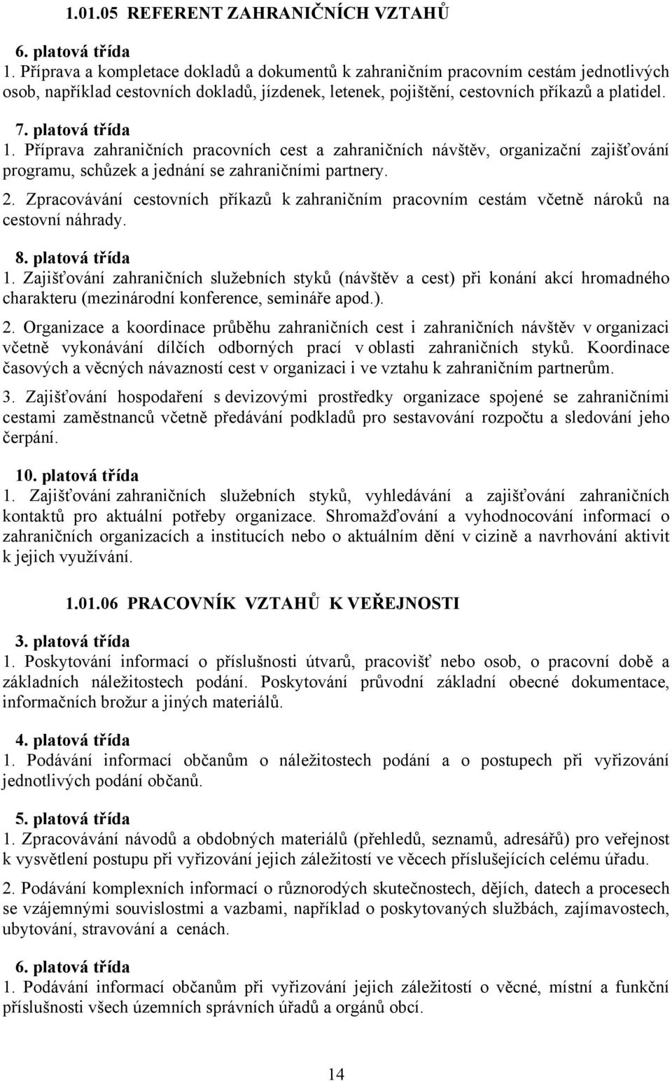 platová třída 1. Příprava zahraničních pracovních cest a zahraničních návštěv, organizační zajišťování programu, schůzek a jednání se zahraničními partnery. 2.