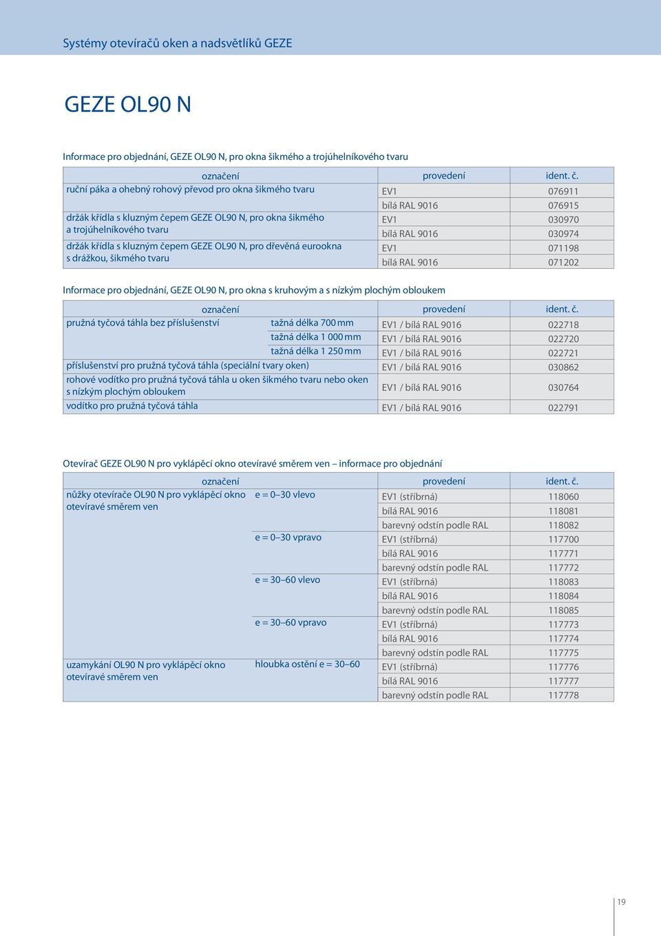 čepem GEZE OL90 N, pro dřevěná eurookna s drážkou, šikmého tvaru Informace pro objednání, GEZE OL90 N, pro okna s kruhovým a s nízkým plochým obloukem EV1 030970 bílá RAL 9016 030974 EV1 071198 bílá