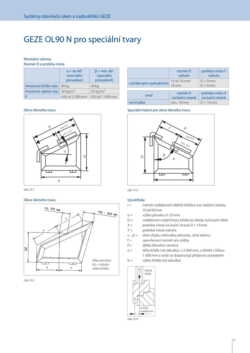 30 kg/m² 25 kg/m² P 420 až 2 000 mm 420 až 1 000 mm s přídavným uzamykáním rozměr D nahoře 10 až 18 mm 16 mm Speciální řešení pro okno šikmého tvaru potřeba místa Y nahoře D + 9 mm D + 9 mm rozměr D