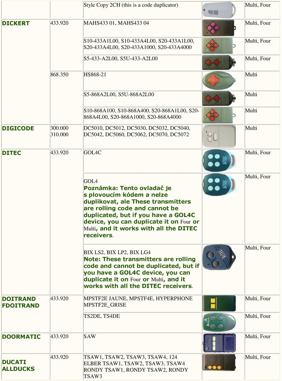 000 S10-868A100, S10-868A400, S20-868A1L00, S20-868A4L00, S20-868A1000, S20-868A4000 DC5010, DC5012, DC5030, DC5032, DC5040, DC5042, DC5060, DC5062, DC5070, DC5072 DITEC 433.