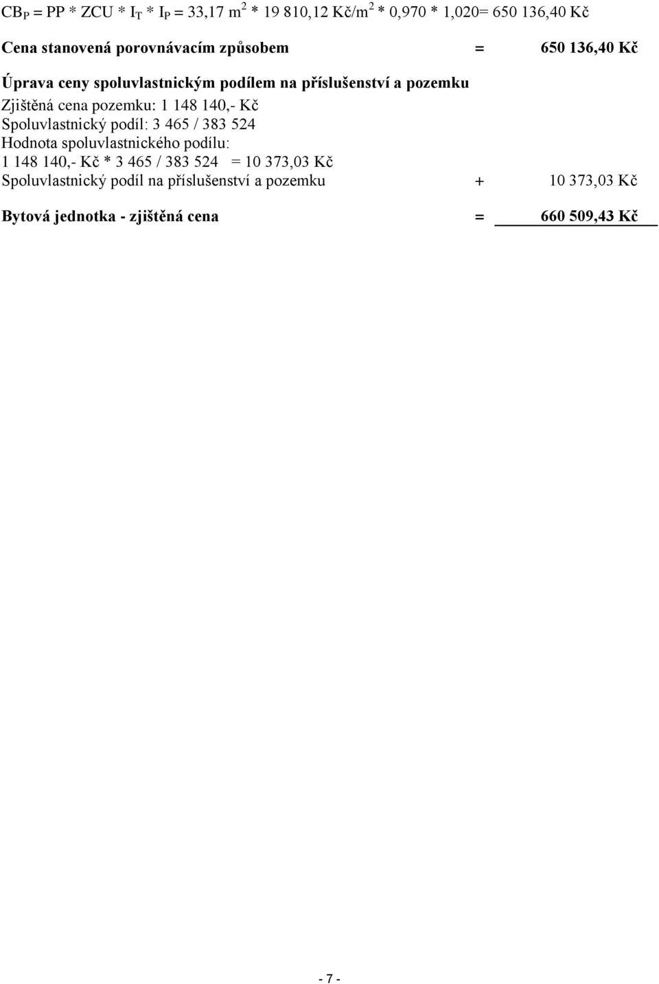 140,- Kč Spoluvlastnický podíl: 3 465 / 383 524 Hodnota spoluvlastnického podílu: 1 148 140,- Kč * 3 465 / 383 524 = 10