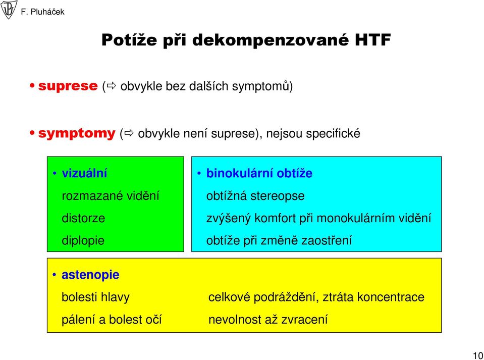 obtížná stereopse zvýšený komfort při monokulárním vidění obtíže při změně zaostření astenopie