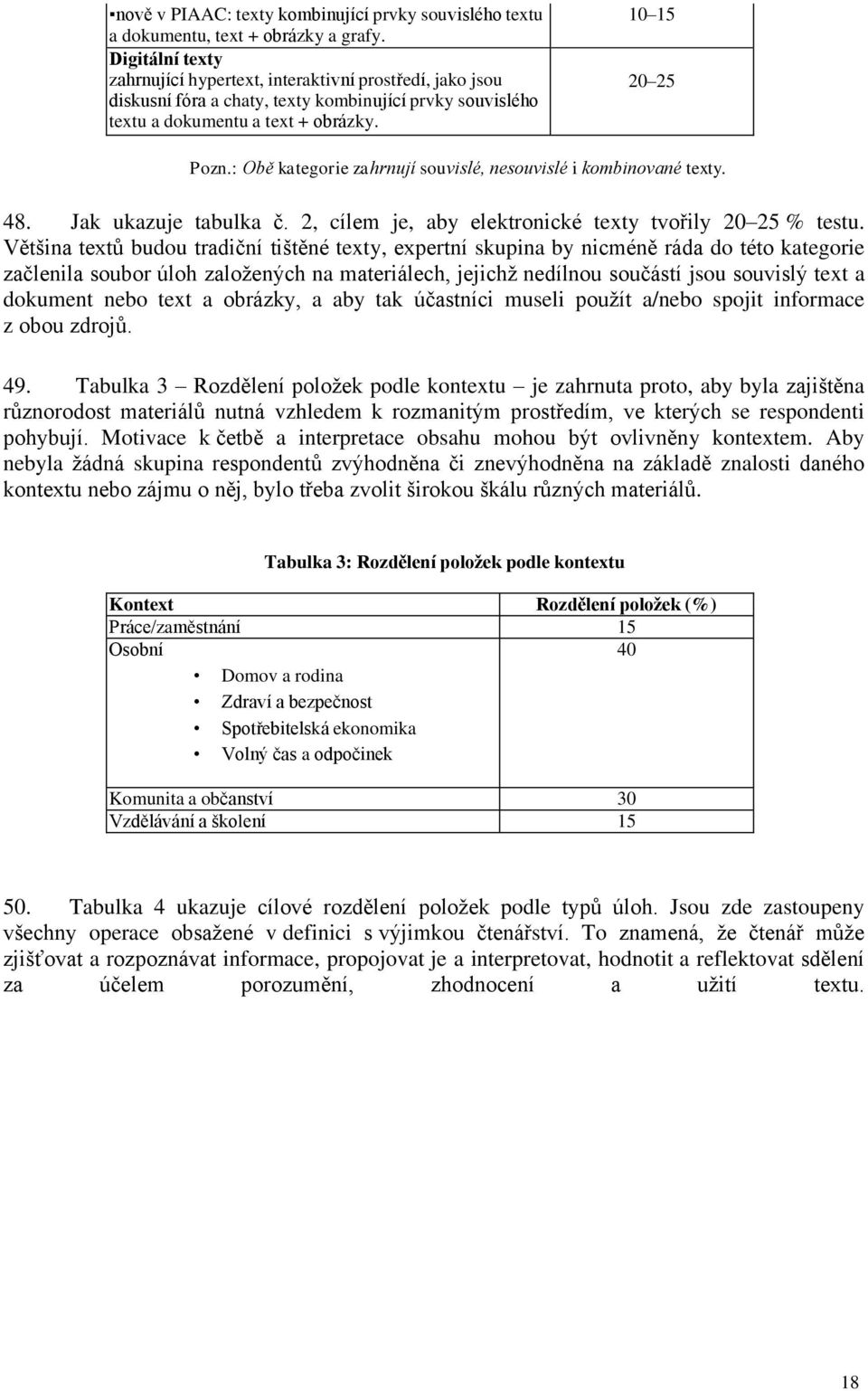 : Obě kategorie zahrnují souvislé, nesouvislé i kombinované texty. 48. Jak ukazuje tabulka č. 2, cílem je, aby elektronické texty tvořily 20 25 % testu.