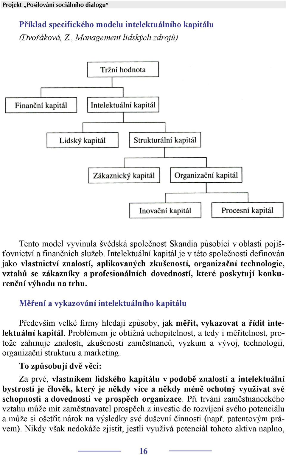 Intelektuální kapitál je v této společnosti definován jako vlastnictví znalostí, aplikovaných zkušeností, organizační technologie, vztahů se zákazníky a profesionálních dovedností, které poskytují