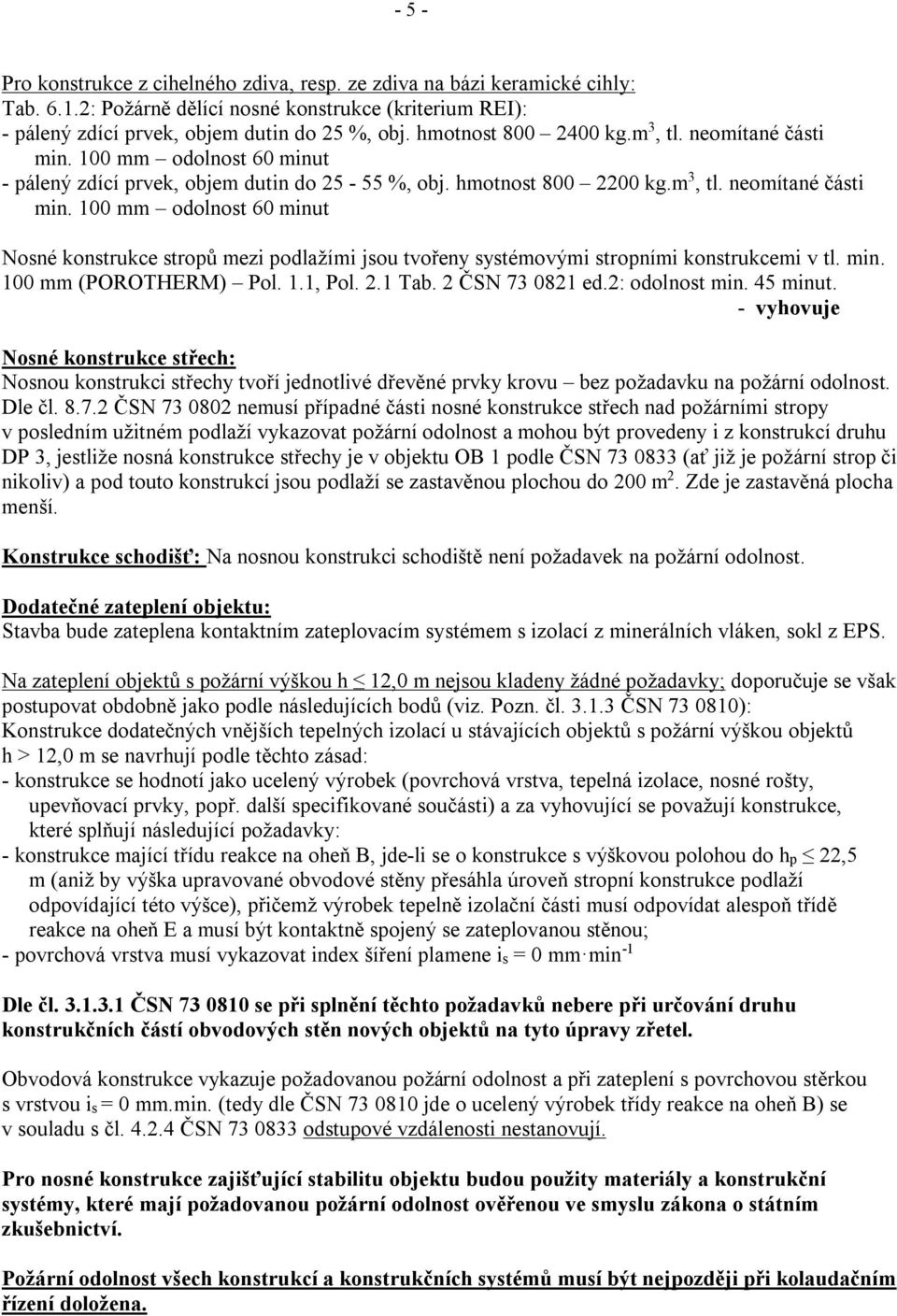 min. 100 mm (POROTHERM) Pol. 1.1, Pol. 2.1 Tab. 2 ČSN 73 0821 ed.2: odolnost min. 45 minut.