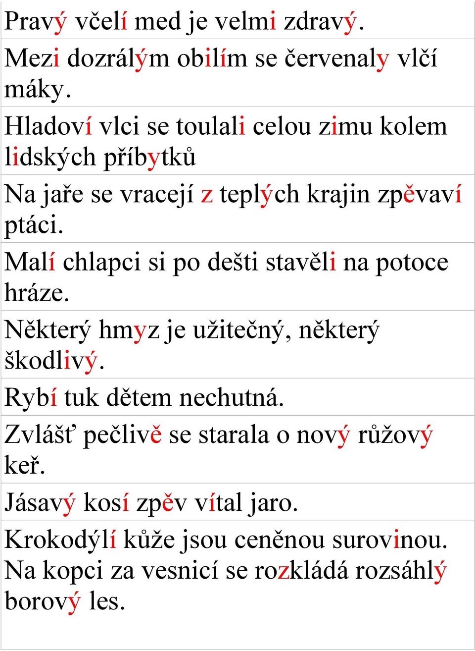 Malí chlapci si po dešti stavěli na potoce hráze. Některý hmyz je užitečný, některý škodlivý. Rybí tuk dětem nechutná.