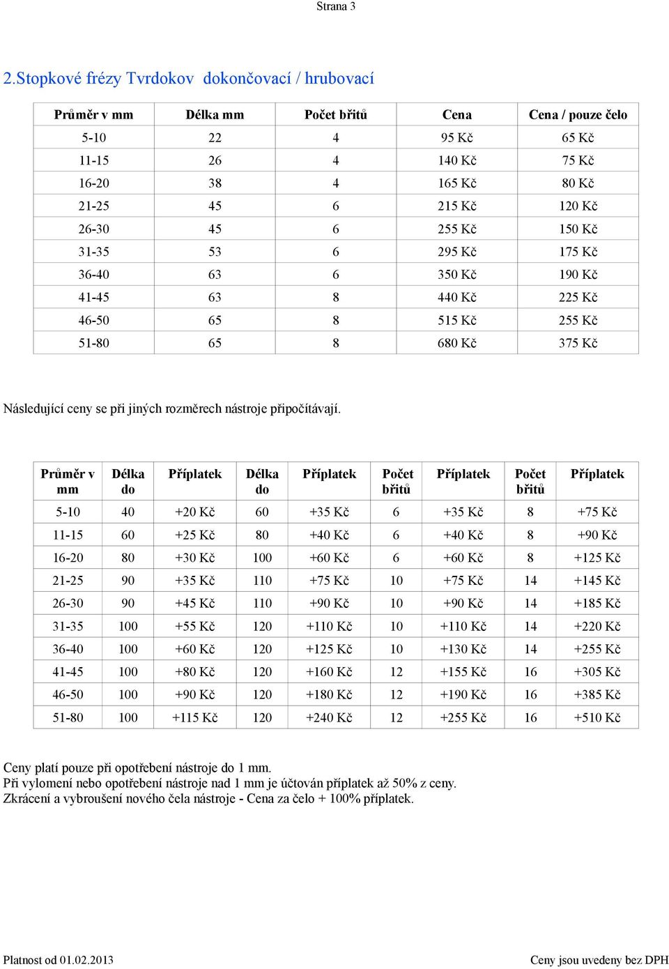 Kč 36-40 63 6 350 Kč 190 Kč 41-45 63 8 440 Kč 225 Kč 46-50 65 8 515 Kč 255 Kč 51-80 65 8 680 Kč 375 Kč Následující ceny se při jiných rozměrech nástroje připočítávají.