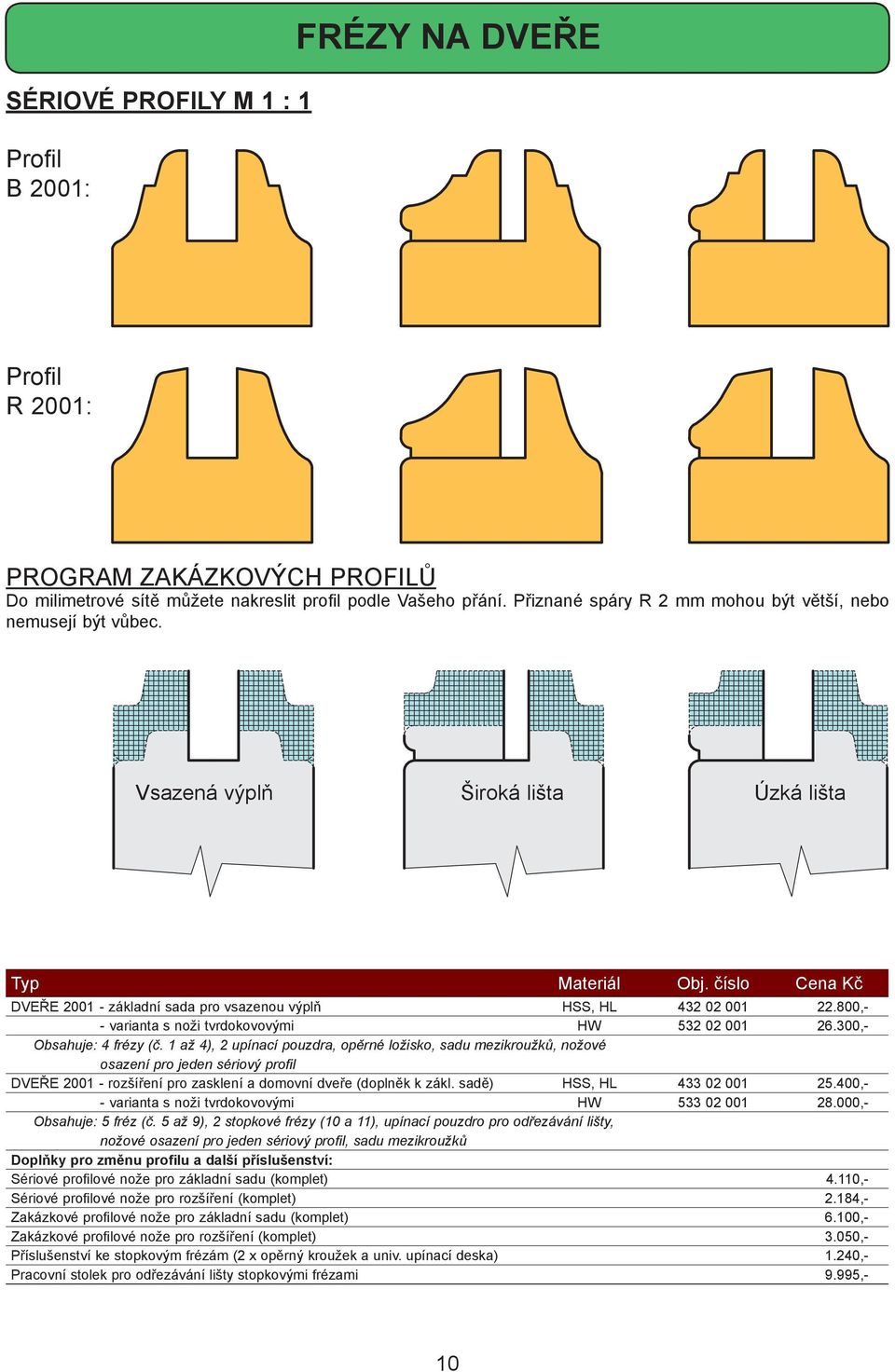 číslo Cena Kč DVEŘE 2001 - základní sada pro vsazenou výplň HSS, HL 432 02 001 22.800,- - varianta s noži tvrdokovovými HW 532 02 001 26.300,- Obsahuje: 4 frézy (č.