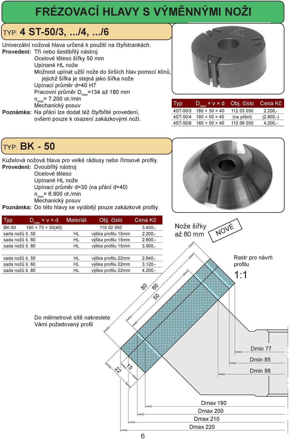 Pracovní průměr D max =134 až 180 mm n max = 7.200 ot./min Mechanický posuv Poznámka: Na přání lze dodat též čtyřbřité provedení, ovšem pouze k osazení zakázkovými noži.