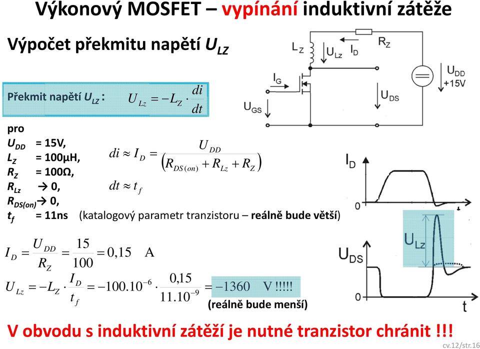 (katalogový ýp parametr tranzistoru reálně bude větší) ) I D U Lz = DD R Z Z di dt U 15 = = 0,15 A 100 I D 6 0,15 =