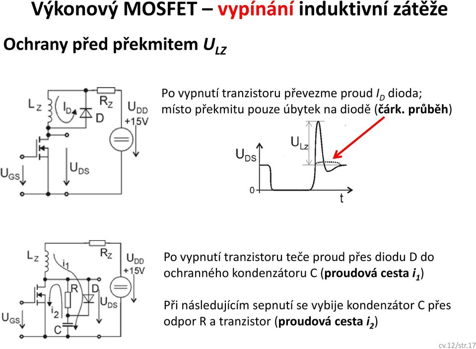 průběh) Po vypnutí tranzistoru teče proud přes diodu D do ochranného kondenzátoru C (proudová