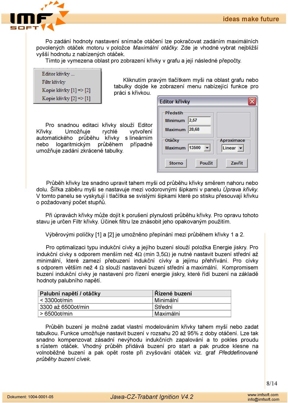 Kliknutím pravým tlačítkem myši na oblast grafu nebo tabulky dojde ke zobrazení menu nabízející funkce pro práci s křivkou. Pro snadnou editaci křivky slouží Editor Křivky.