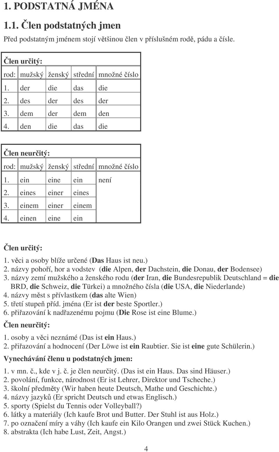 vci a osoby blíže urené (Das Haus ist neu.) 2. názvy pohoí, hor a vodstev (die Alpen, der Dachstein, die Donau, der Bodensee) 3.