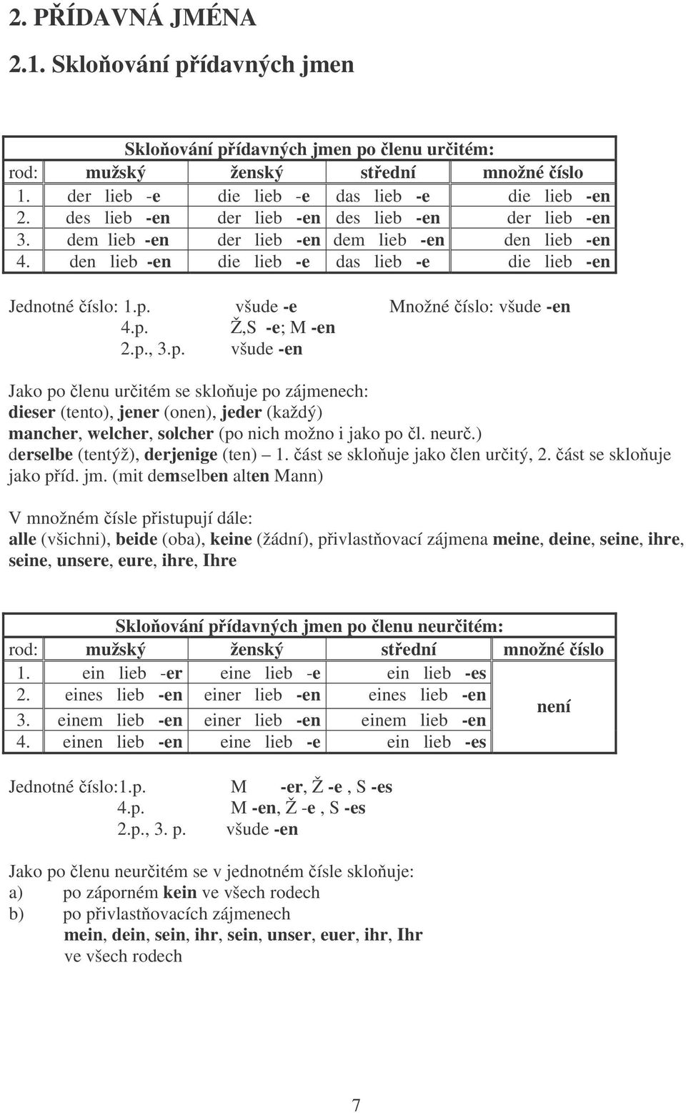 všude -e Množné íslo: všude -en 4.p. Ž,S -e; M -en 2.p., 3.p. všude -en Jako po lenu uritém se sklouje po zájmenech: dieser (tento), jener (onen), jeder (každý) mancher, welcher, solcher (po nich možno i jako po l.