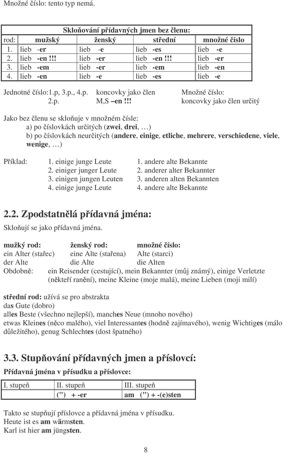 !! koncovky jako len uritý Jako bez lenu se sklouje v množném ísle: a) po íslovkách uritých (zwei, drei, ) b) po íslovkách neuritých (andere, einige, etliche, mehrere, verschiedene, viele, wenige, )