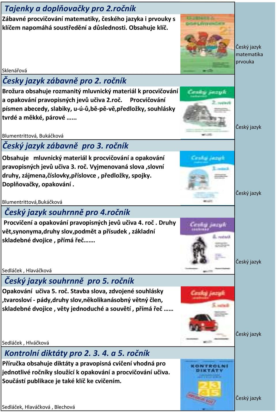 .. Blumentrittová, Bukáčková zábavně 3. ročník Obsahuje mluvnický materiál k cvičování a opakování pravopisných jevů učiva 3. roč. Vyjmenovaná slova,slovní druhy, zájmena,číslovky,příslovce, předložky, spojky.