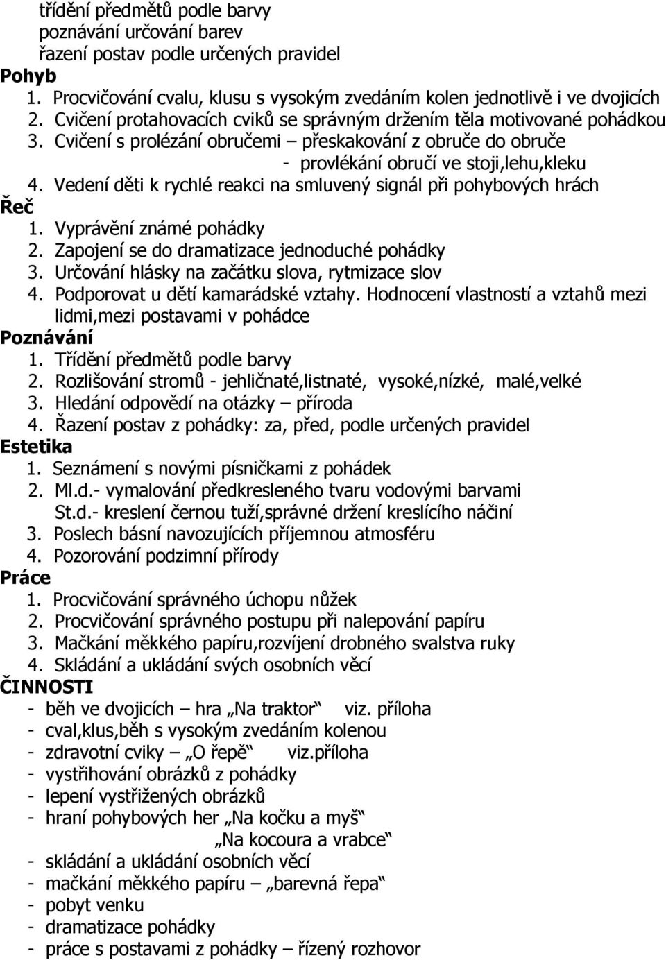 Vedení děti k rychlé reakci na smluvený signál při pohybových hrách 1. Vyprávění známé pohádky 2. Zapojení se do dramatizace jednoduché pohádky 3. Určování hlásky na začátku slova, rytmizace slov 4.