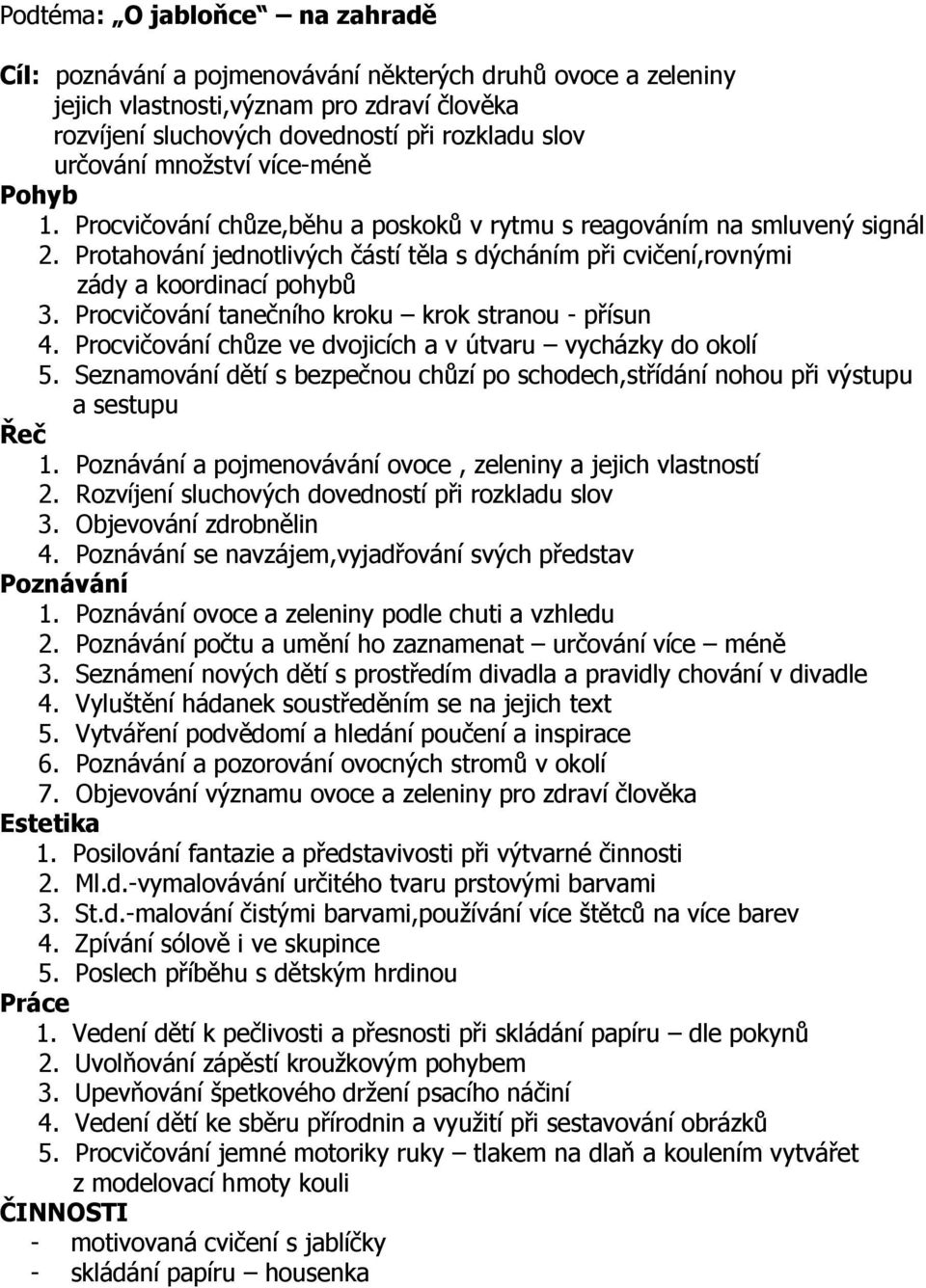 Procvičování tanečního kroku krok stranou - přísun 4. Procvičování chůze ve dvojicích a v útvaru vycházky do okolí 5.