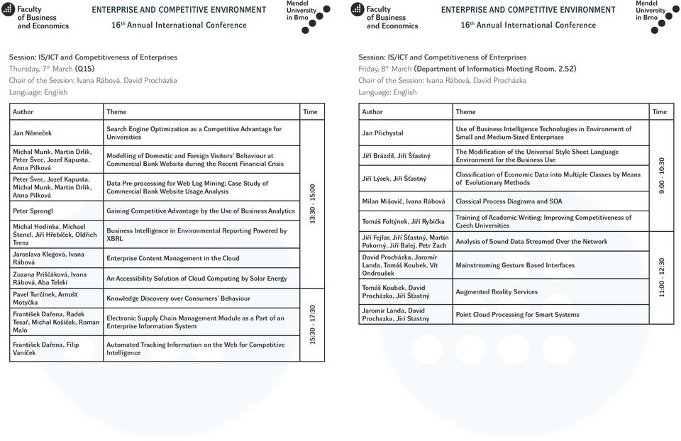 52) Chair of the Session: Ivana Rábová, David Procházka Jan Němeček Search Engine Optimization as a Competitive Advantage for Universities Jan Přichystal Use of Business Intelligence Technologies in