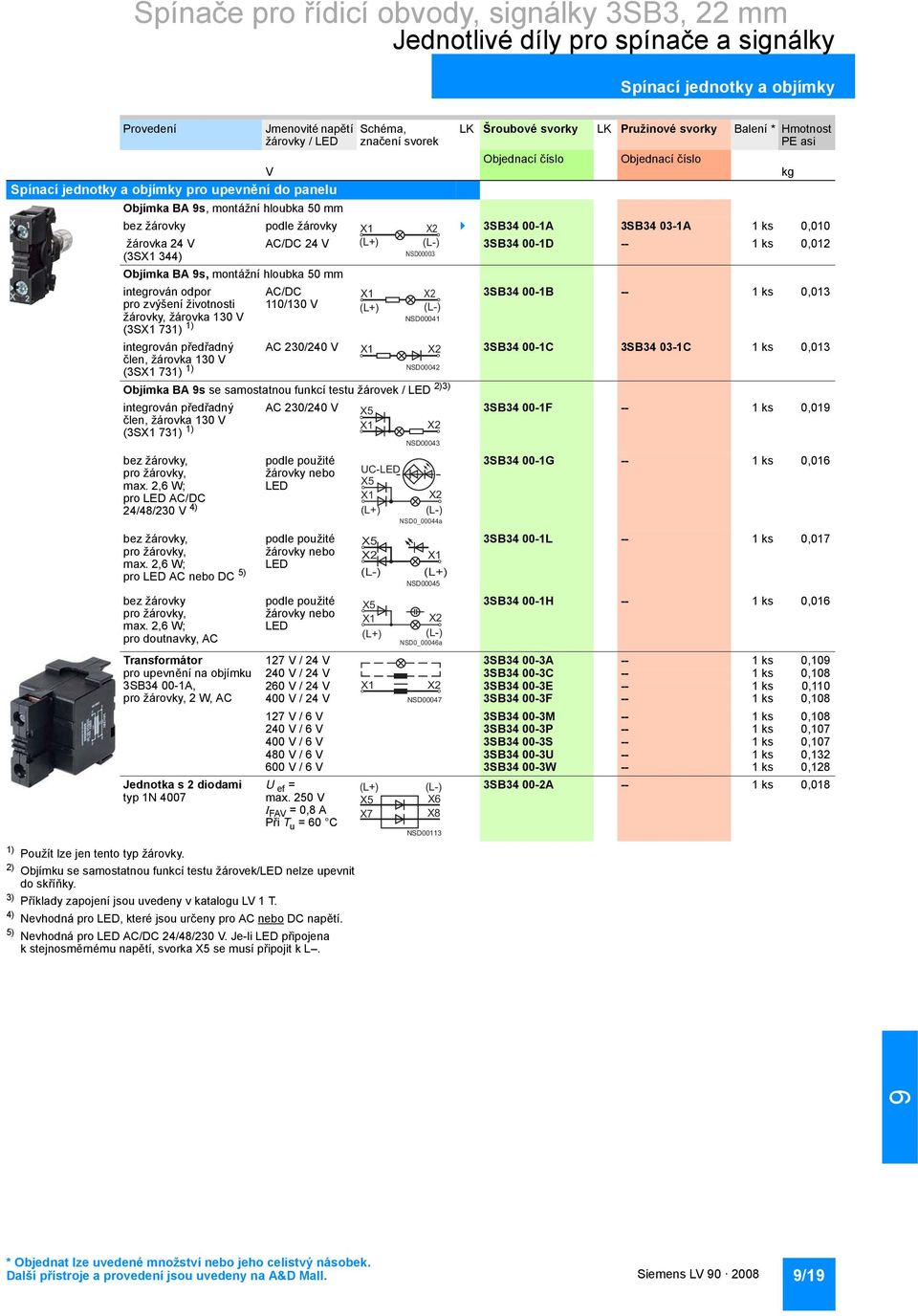 3) Příklady zapojení jsou uvedeny v katalogu LV 1 T. 4) Nevhodná pro LED, které jsou určeny pro AC nebo DC napětí. 5) Nevhodná pro LED AC/DC 24/48/230 V.