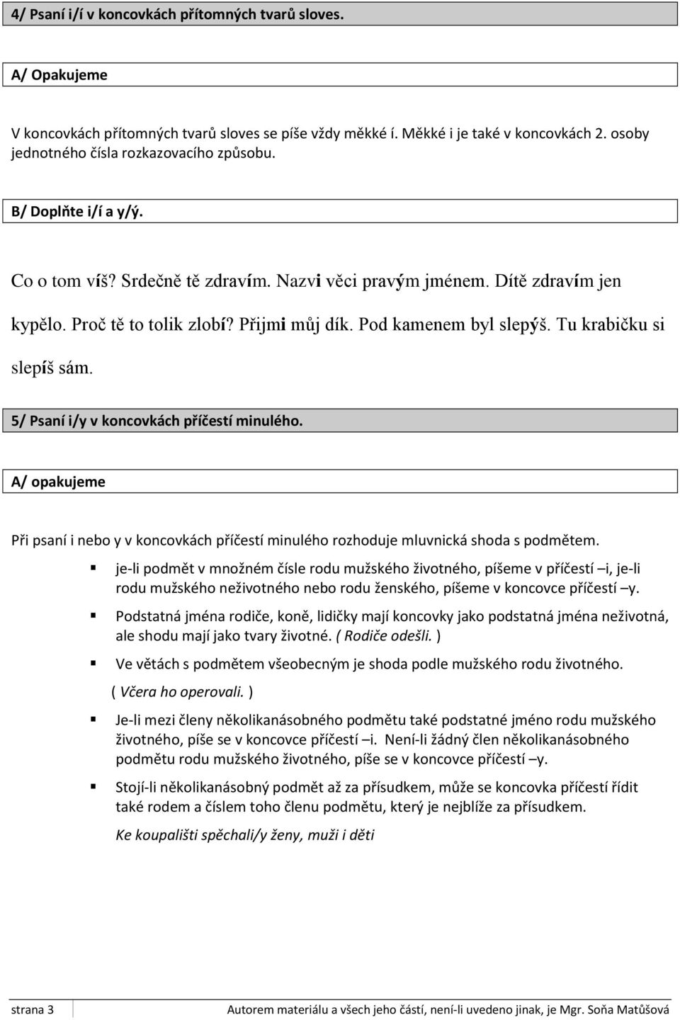 5/ Psaní i/y v koncovkách příčestí minulého. A/ opakujeme Při psaní i nebo y v koncovkách příčestí minulého rozhoduje mluvnická shoda s podmětem.