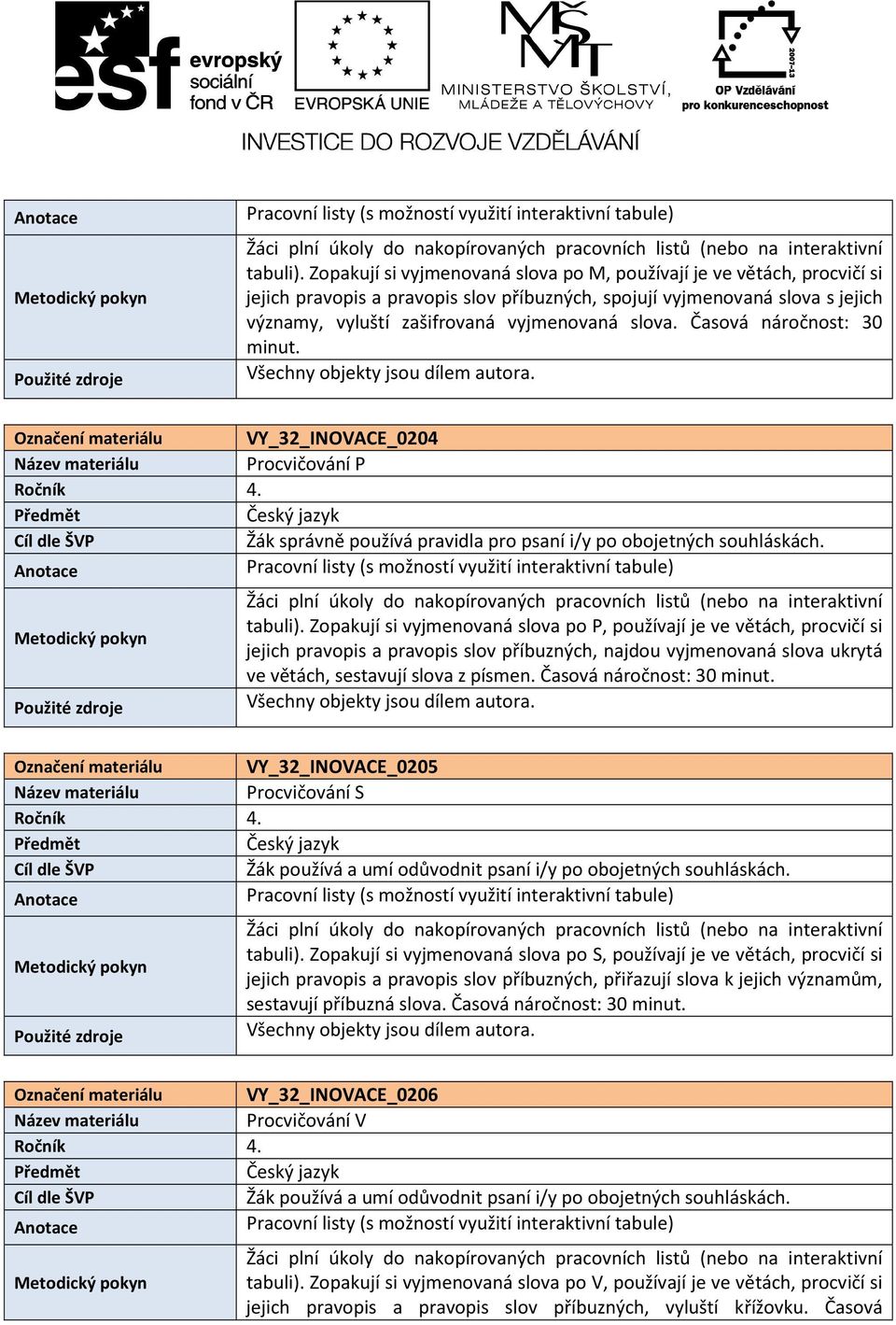 Časová náročnost: 30 minut. Označení materiálu VY_32_INOVACE_0204 Název materiálu Procvičování P tabuli).