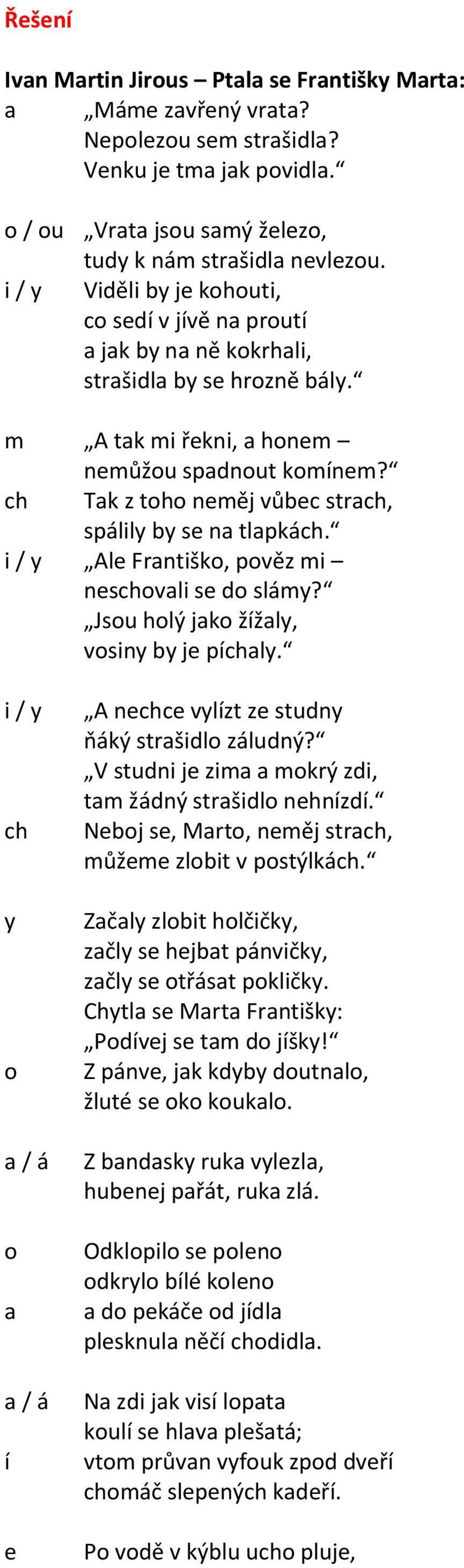 ch Tak z toho neměj vůbec strach, spálily by se na tlapkách. i / y Ale Františko, pověz mi neschovali se do slámy? Jsou holý jako žížaly, vosiny by je píchaly.